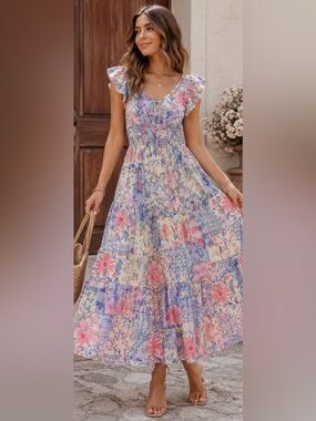 Chetta B Peri/Blush Floral Dress NWT Size Medium Cottagecore Midi Dress